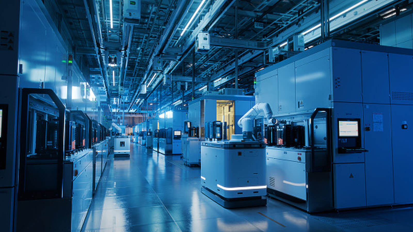 A modern factory floor with automated equipment under blue industrial lighting